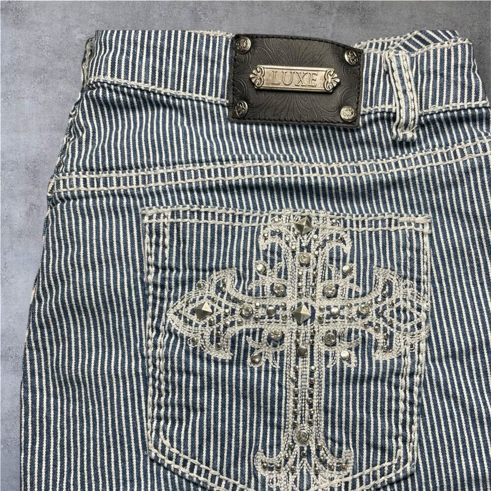 Tru Luxe Striped Mom Shorts Womens 33/16 Blue Skinny Fit Rhinestone Pocket Denim